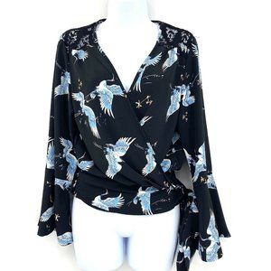 Hazel Black Blue Bird Print Wrap Blouse Sz Medium